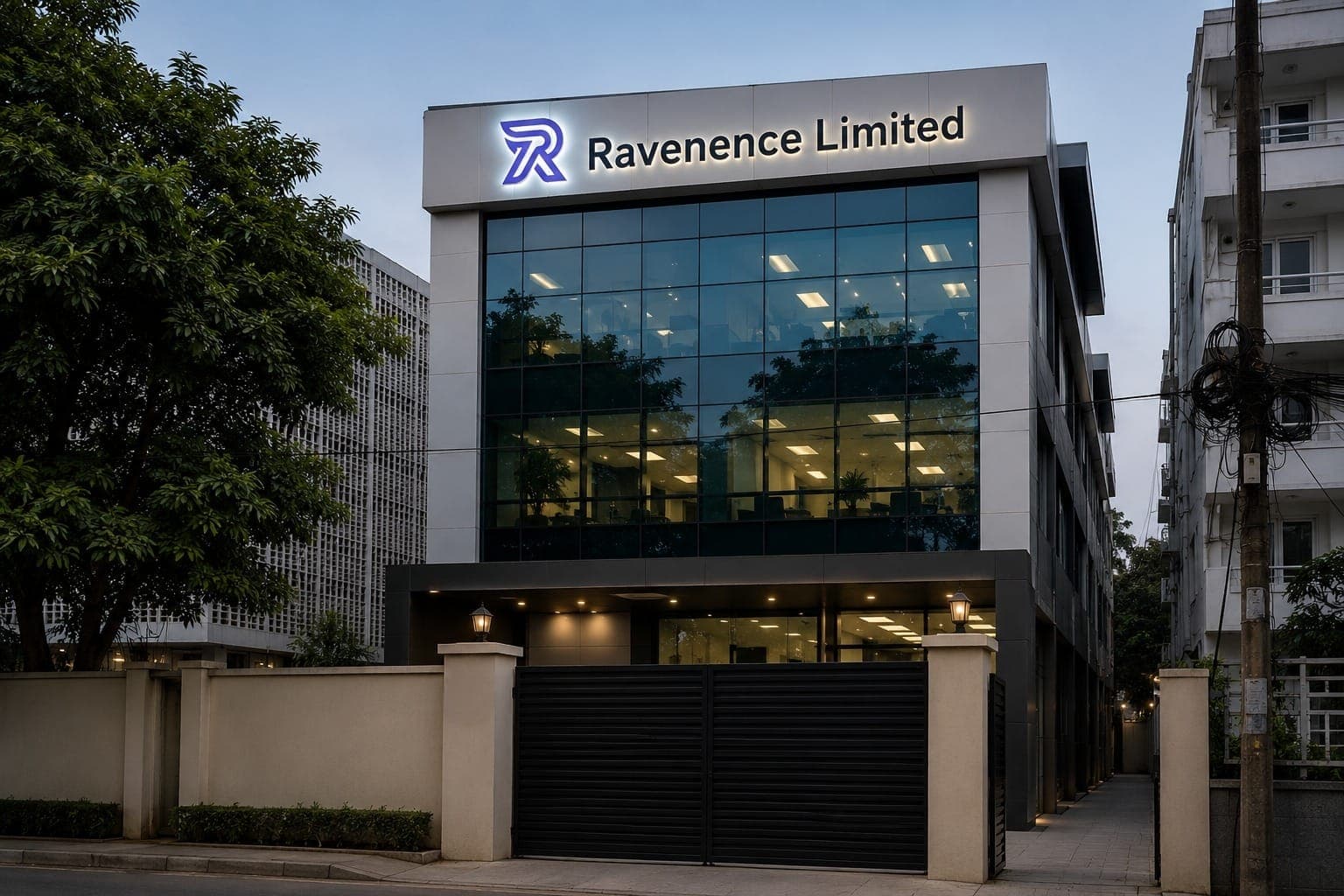 Ravenence Limited headquarters in Bangladesh, showcasing the company's modern corporate office building with branded signage and contemporary glass architecture.